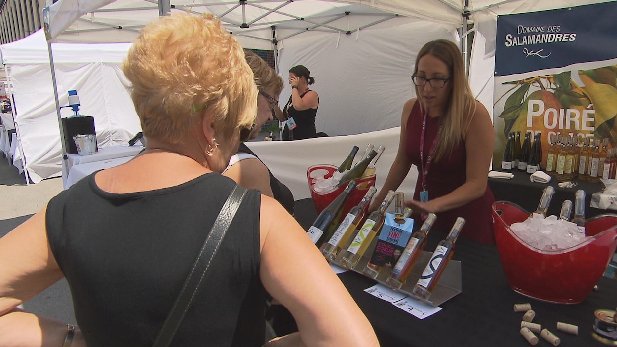 Des festivaliers discutent avec une exposante