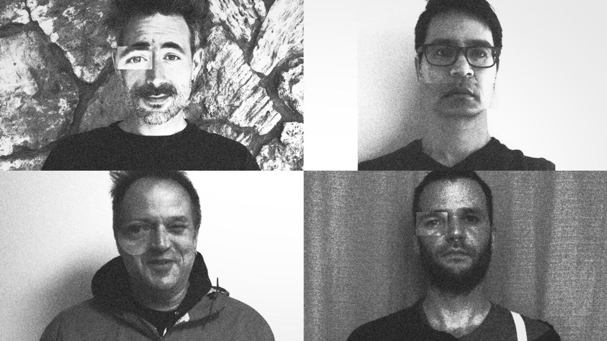 Les photos noir et blanc de chaque membre de la formation sont alignées à raison de deux par rangée.