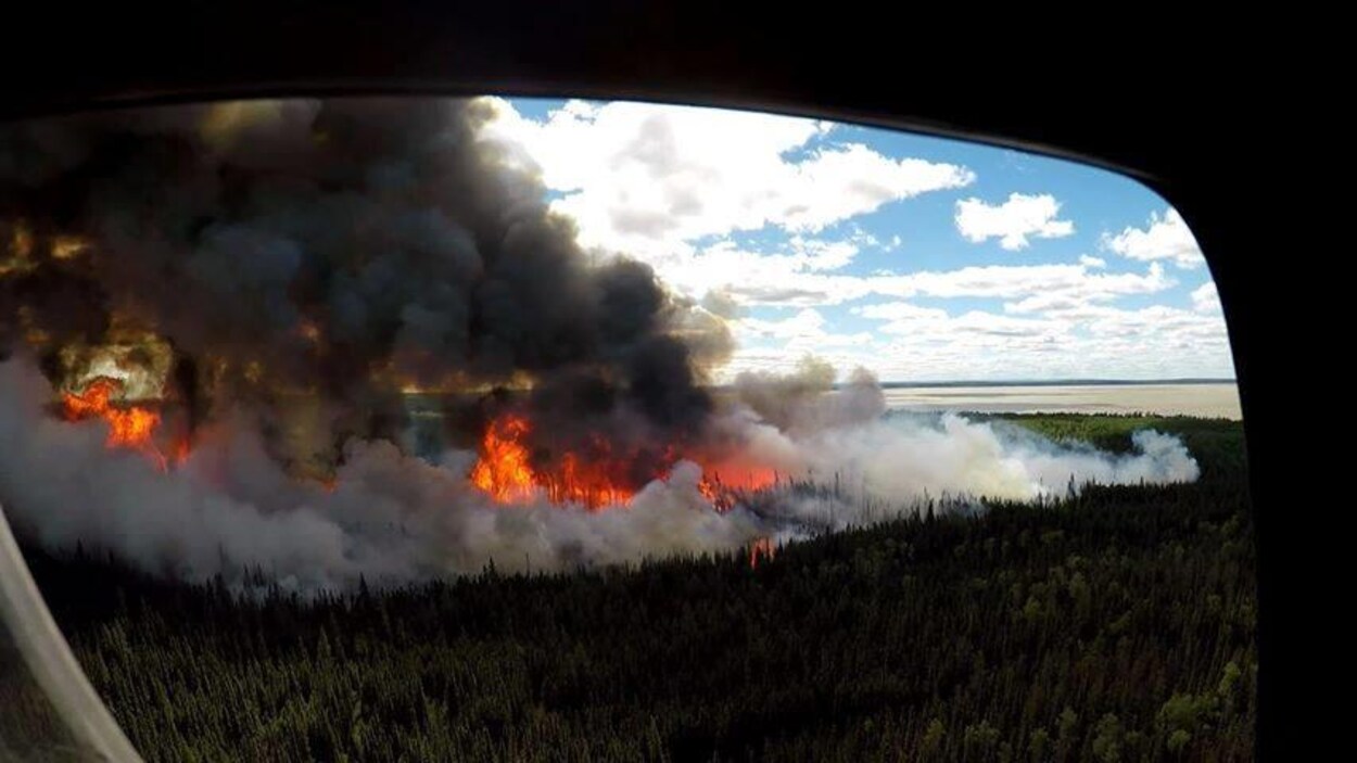 Un incendie de forêt vu d’un rétroviseur.