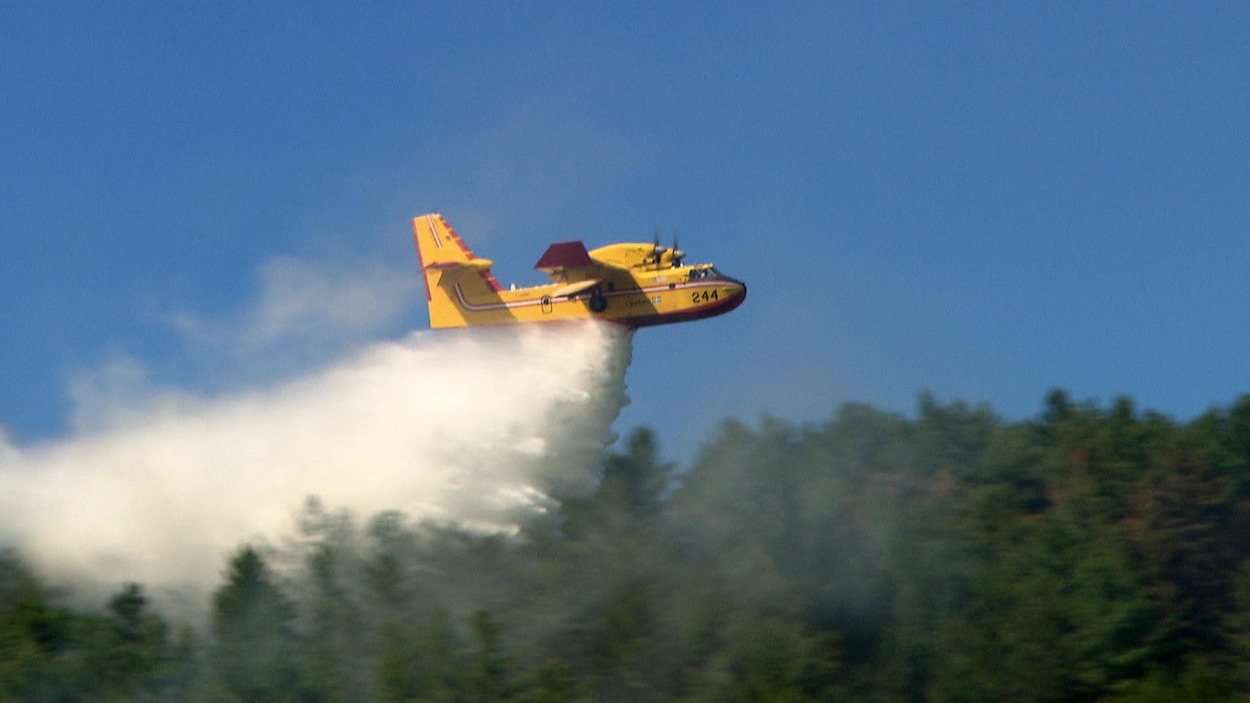 Un avion-citerne relâche de l’eau sur un feu de forêt.