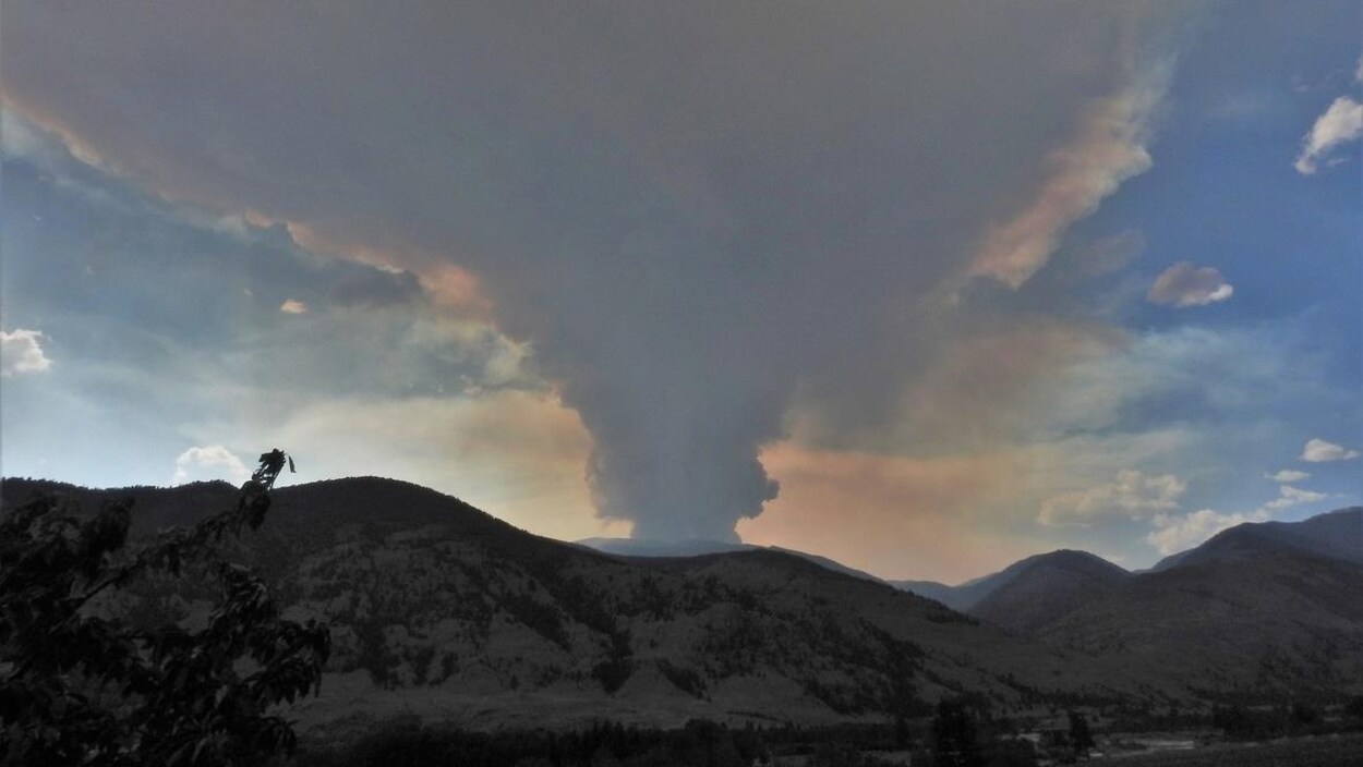 De la fumée provenant d'un feu de forêt entre Peachland et Summerland en Colombie-Britannique grimpe dans le ciel.