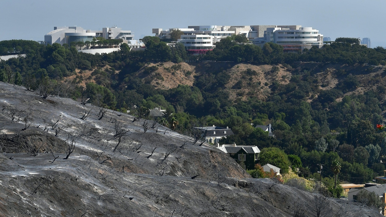 Une montagne a été brûlée alors que des bâtiments sont intacts derrière.