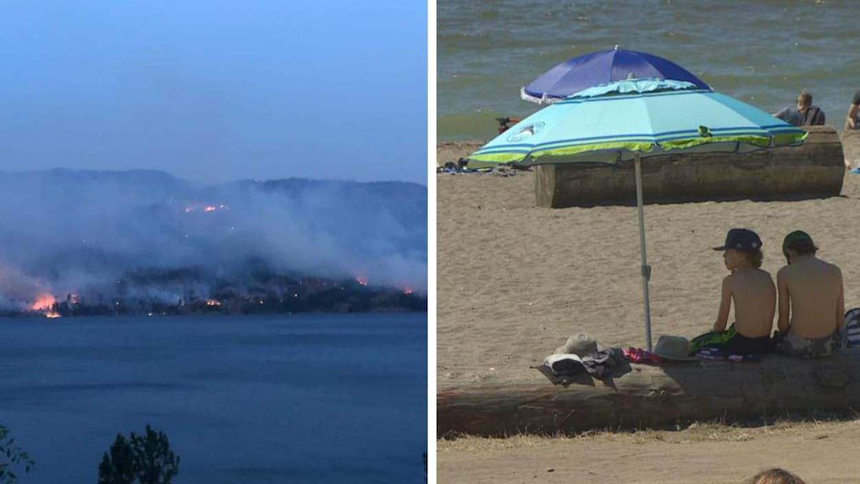 Une image séparée en deux. À gauche, on voit un lac avec, en arrière-plan, une montagne dont la forêt brûle. À droite, deux enfants sont assis sur un tronc d'arbre sous un parasol sur une plage devant un plan d'eau.