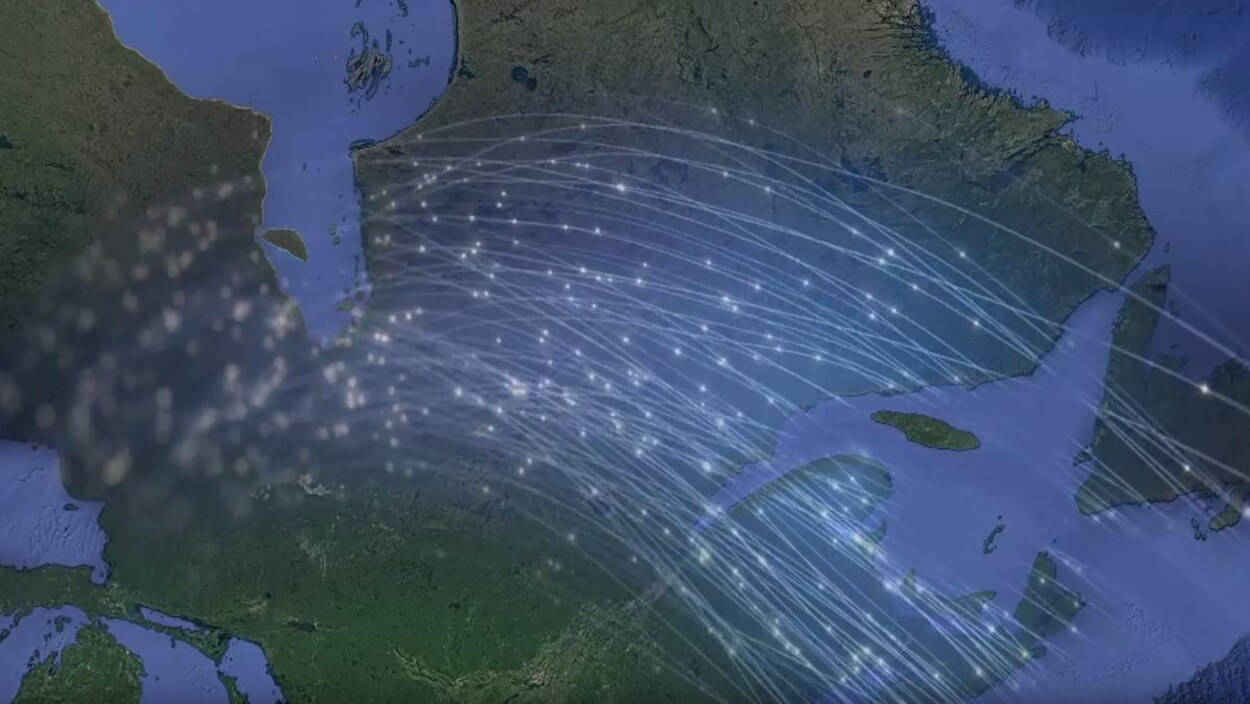 Une carte du Québec avec des fibres optiques par-dessus.