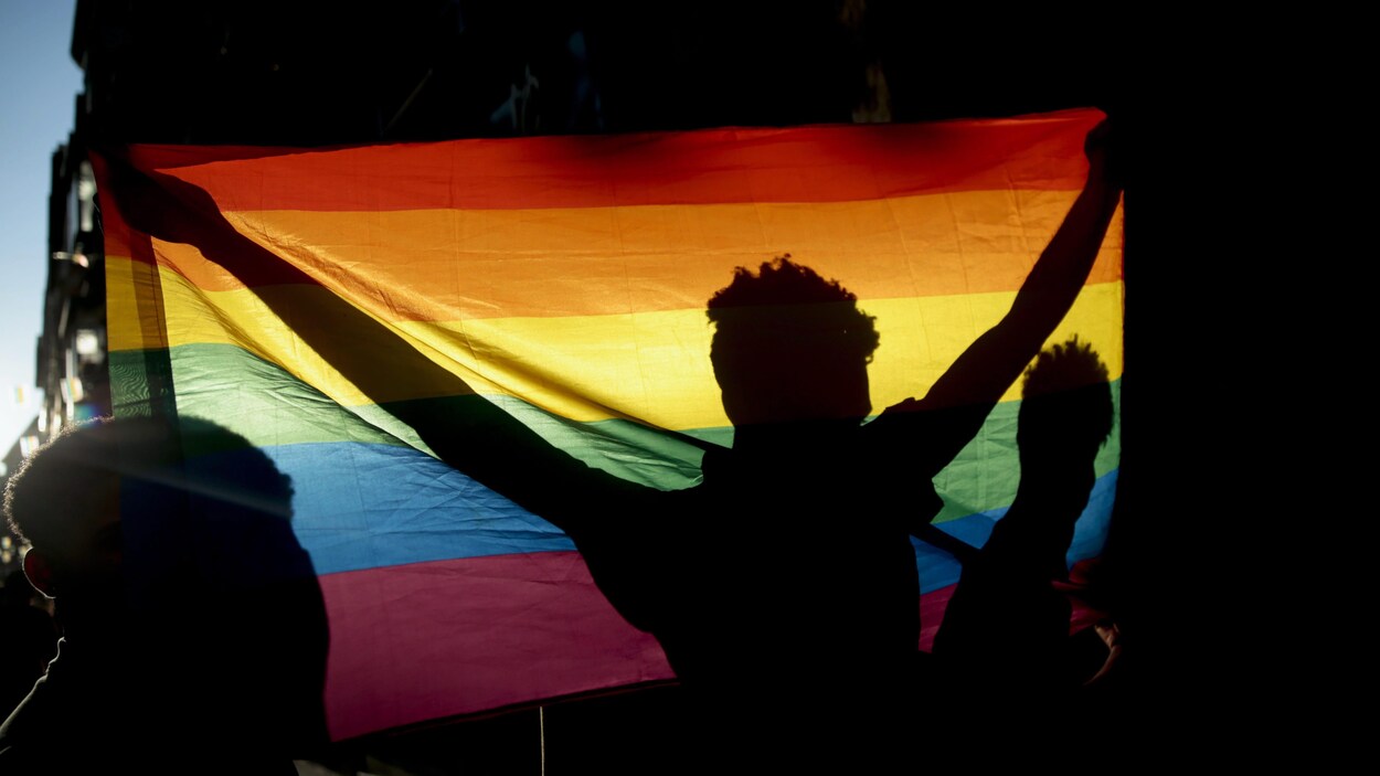 Les gens portent fièrement un drapeau arc-en-ciel.
