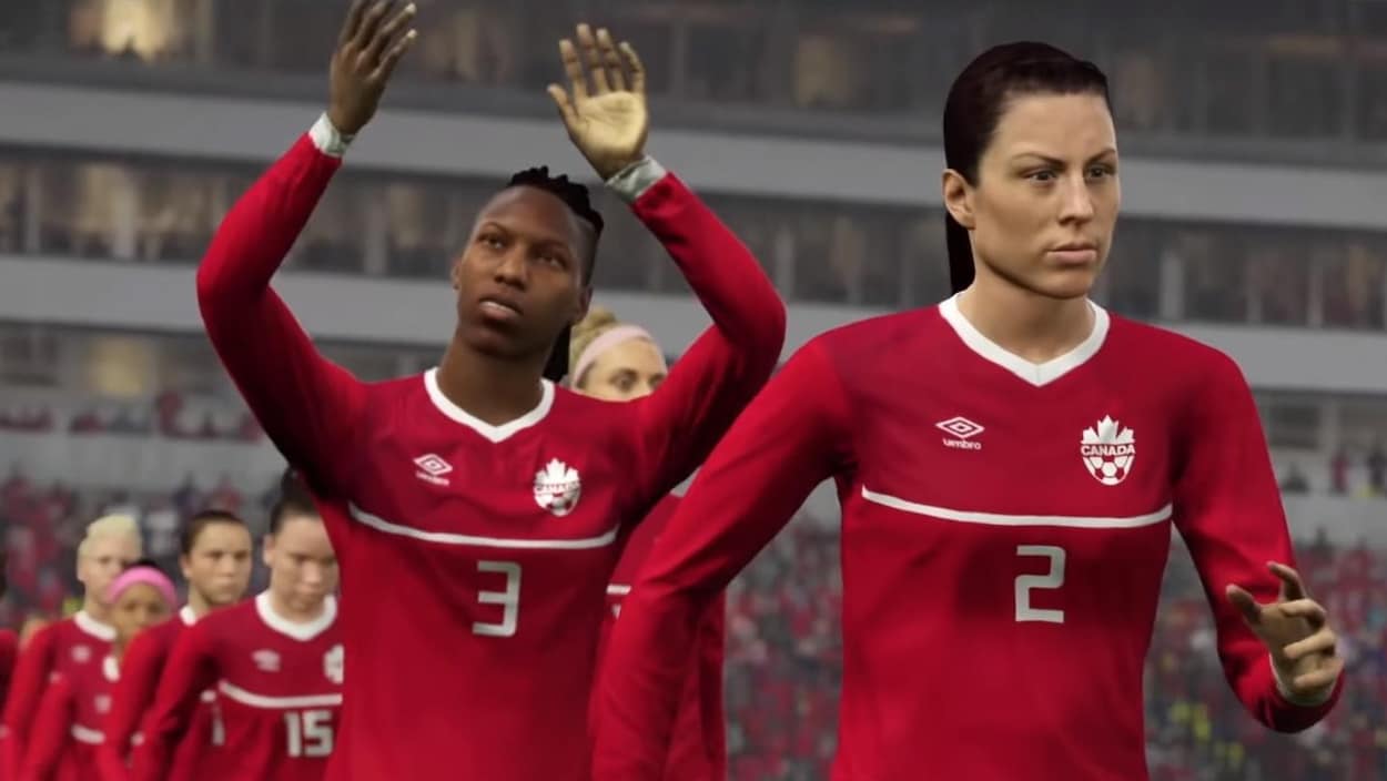Une capture d'écran des joueuses de l'équipe nationale féminine de soccer du Canada dans le jeu FIFA 2016.