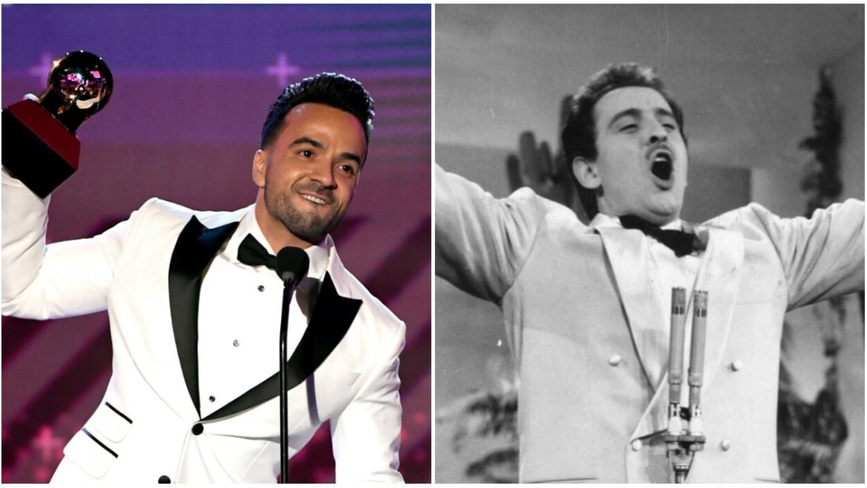 Luis Fonsi et Domenico Mudugno en smoking sur scène, à des époques différentes. Luis Fonsi et Domenico Mudugno en smoking sur scène, à des époques différentes.