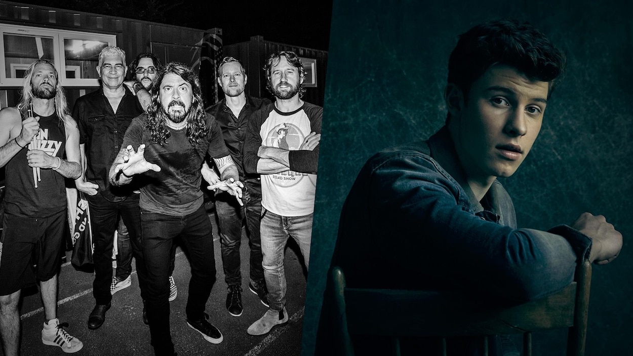 Montage d'une photo du groupe des Foo Fighters et de Shawn Mendes. Montage d'une photo du groupe des Foo Fighters et de Shawn Mendes.