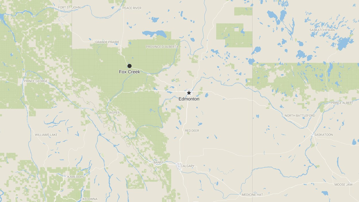 Une carte présente deux points pour localiser la ville de Fox Creek et la ville d'Edmonton, en Alberta.