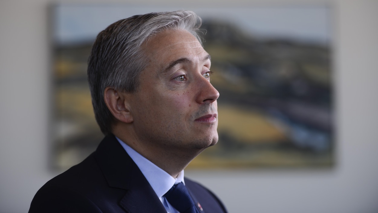 Le ministre est posté de profil, devant un tableau.
