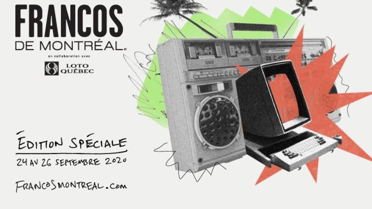 Le logo des Francos de Montréal accompagné d'un visuel d'une radio juxtaposée à un ordinateur.