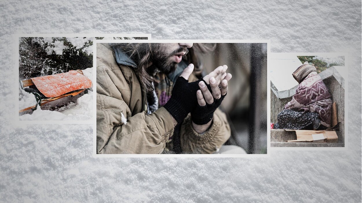Trois photos de personnes itinérantes aux prises avec le froid.