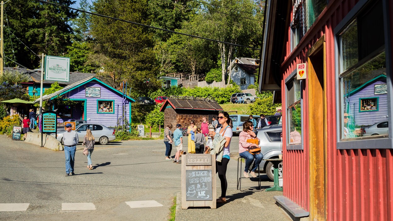 Des gens se promènent dans les rues de Fulford Harbour.