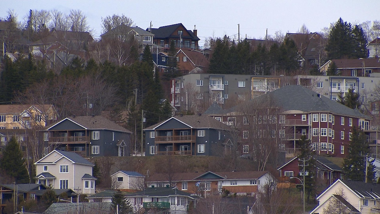 Plusieurs habitations à logements et des maisons dans une colline de Gaspé.