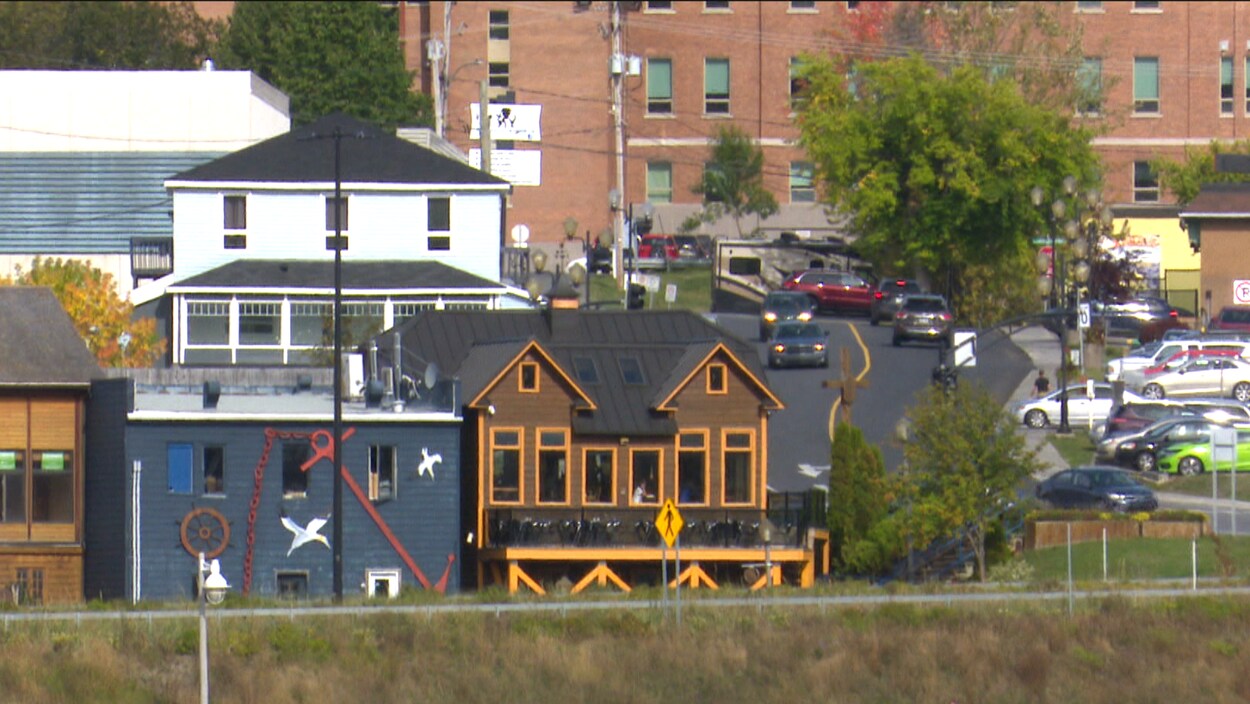 Édifices de Gaspé et rue avec des arbres