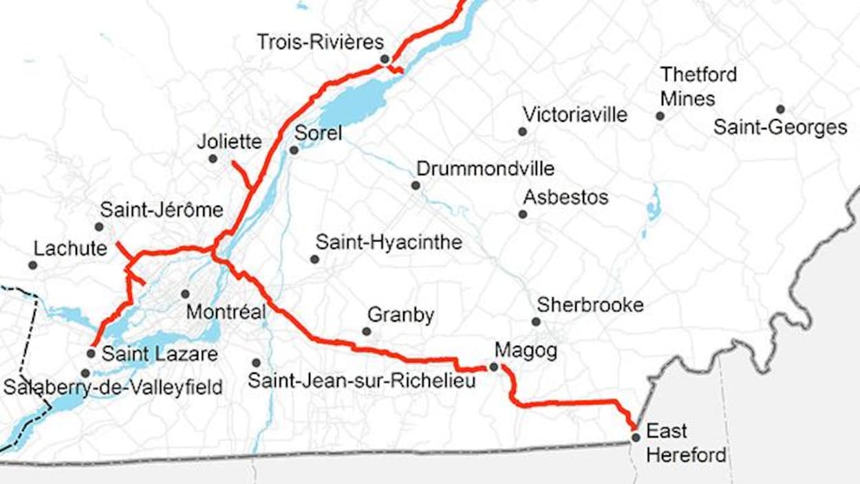 Une carte montrant le tracé du gazoduc Trans Québec Maritimes.