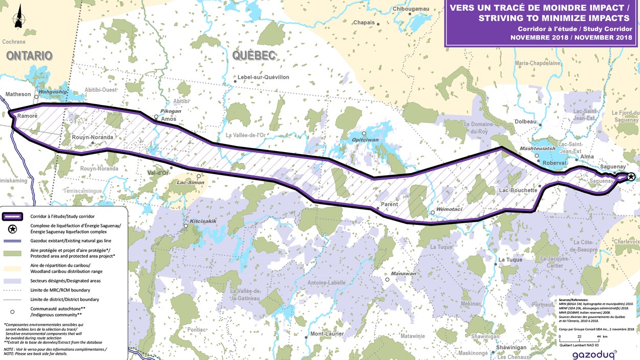 Une carte du Québec avec un tracé pour un futur oléoduc.