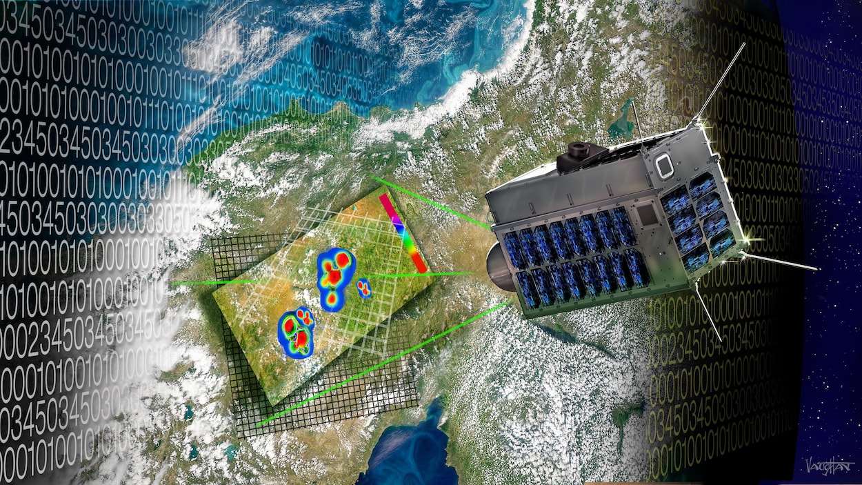 Une image représentant un appareil, dans l'espace, qui détecte les poches de méthane sur Terre, représentées par des points de couleurs.
