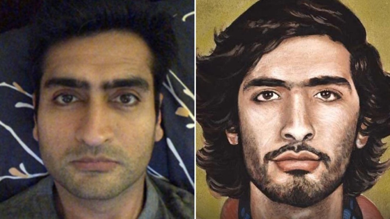 Un égoportrait de l'acteur Kumail Nanjiani à côté d'un portrait d'un jeune homme peint par Mohammed Al Mazrouie.
