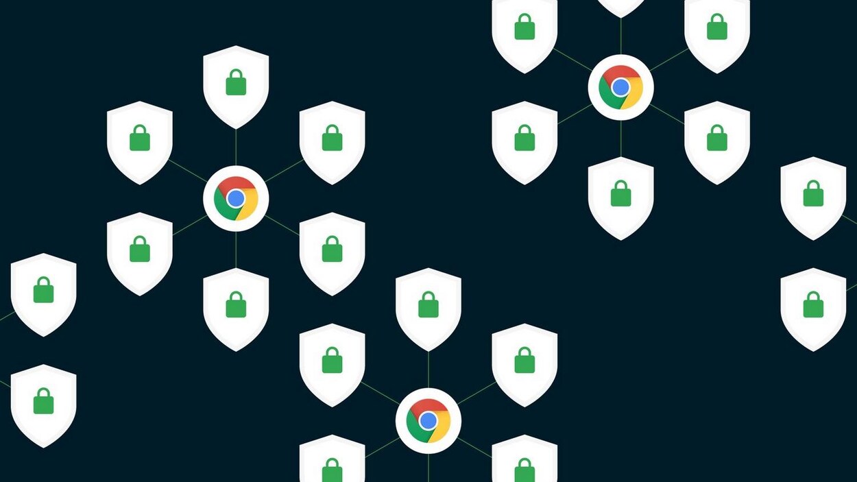 Une illustration de logos Google Chrome, de boucliers et de cadenas, représentant la sécurité de la navigation.