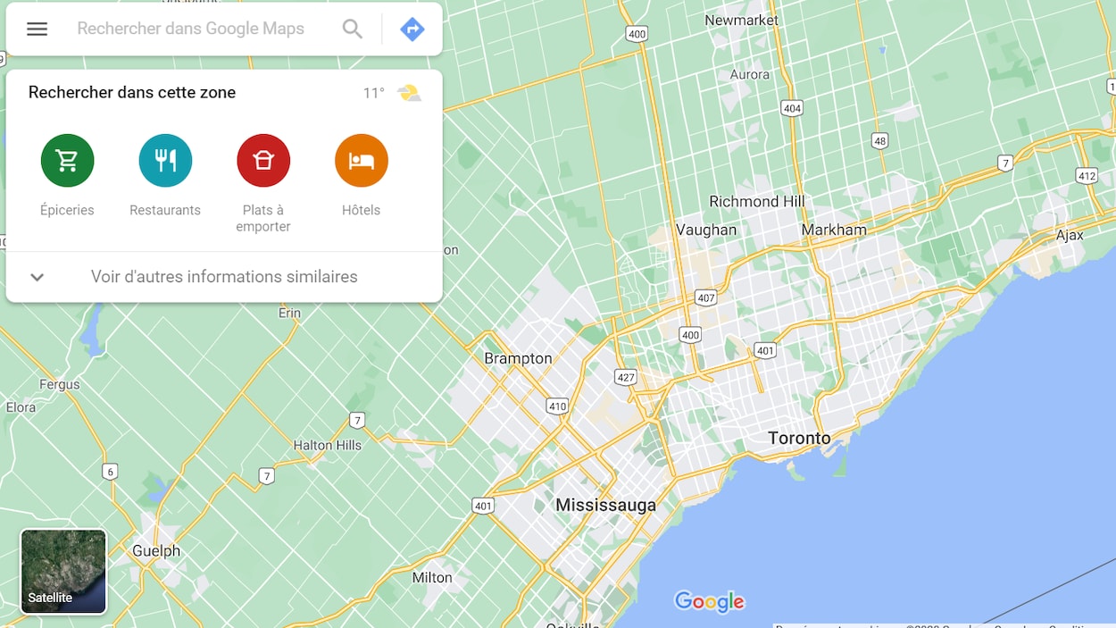 Capture d'écran d'une carte de Toronto sur Google Maps.