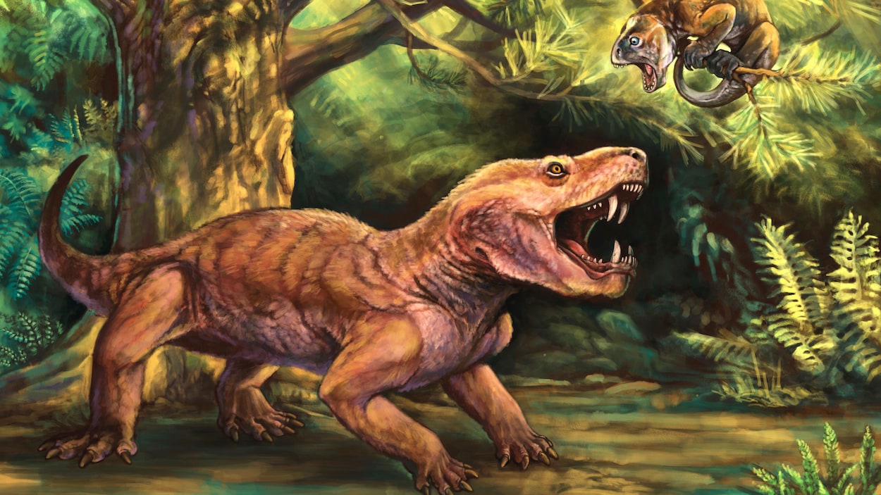 Représentation artistique d'un Gorynychus masyutinae chassant un Suminia getmanovi.