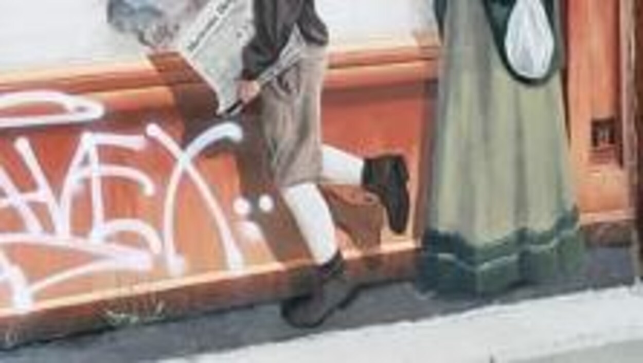 Gros plan sur un tag fait sur la murale du Bicentenaire,au centre-ville de Sherbrooke.