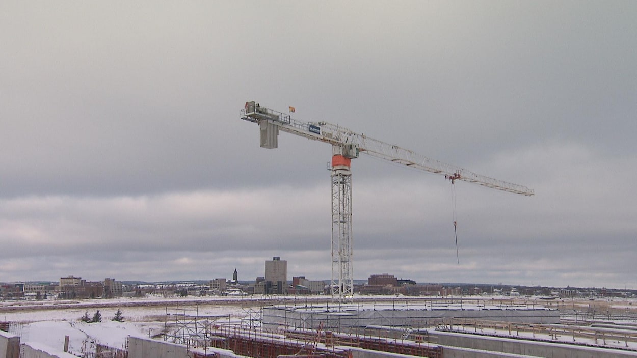 Un grue devant l'horizon d'un centre-ville.