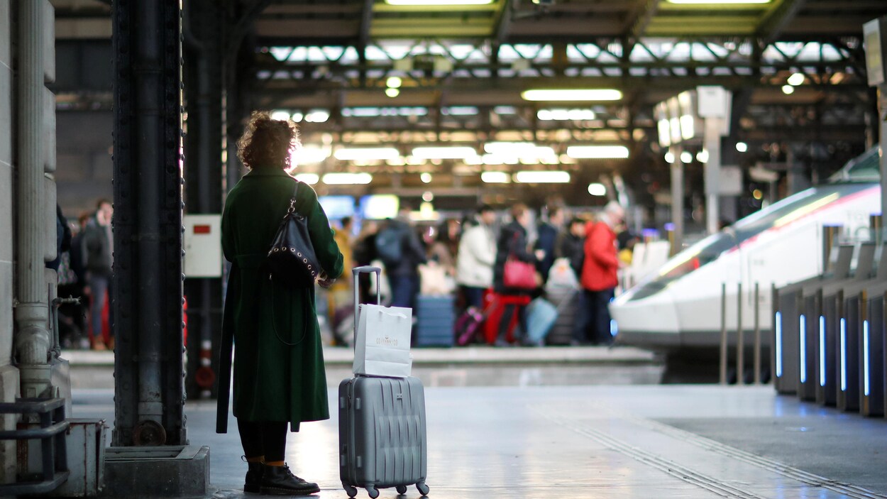 Une femme est debout à côté de sa valise sur un quai. Des passagers se pressent sur un autre quai.