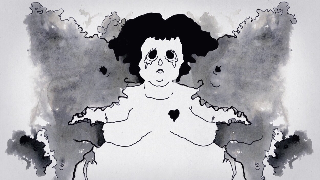 Dessin noir et blanc montrant une femme qui pleure.