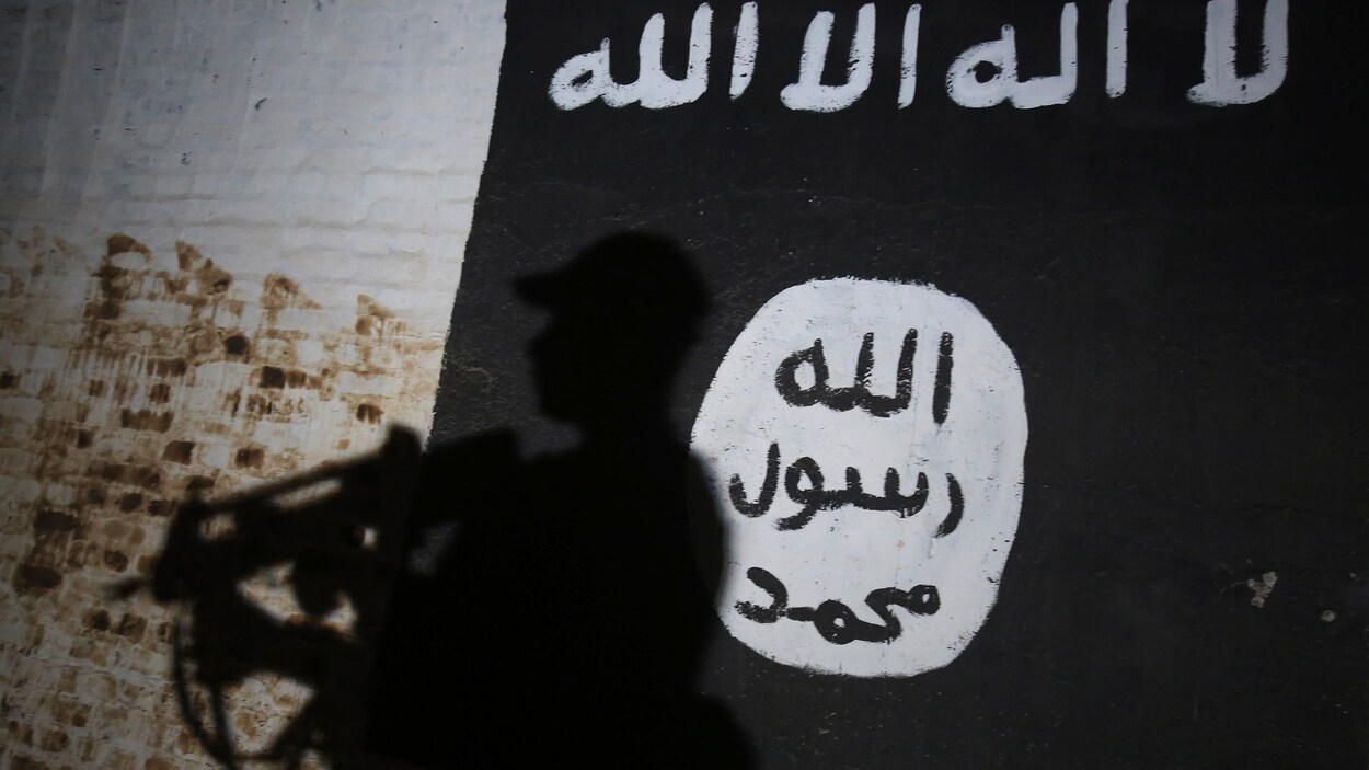 La silhouette d'un soldat se profile devant une murale au logo de Daech.