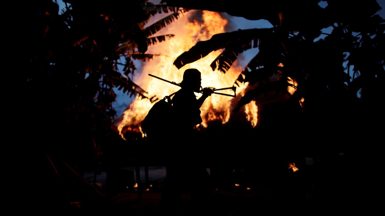 La silhouette d'un homme devant un feu de camp, en pleine forêt amazonienne.