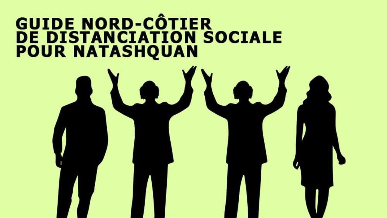 Deux silhouettes séparées par deux silhouettes de Gilles Vigneault. L'image est titrée «Guide de distanciation sociale pour Natashquan.
