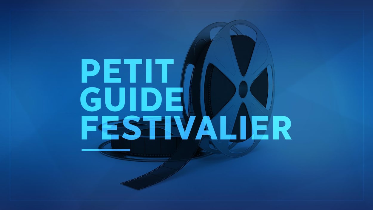 Les mots petit guide festivalier s'inscrivent sur deux vieilles bobines de film, sur fond bleu. Les mots petit guide festivalier s'inscrivent sur deux vieilles bobines de film, sur fond bleu.