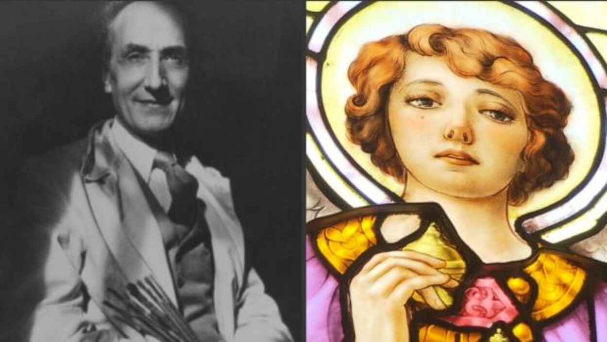 Guido Nincheri et l'un de ses vitraux qui ornent l'église Sainte-Madeleine à Outremont. Guido Nincheri et l'un de ses vitraux qui ornent l'église Sainte-Madeleine à Outremont.