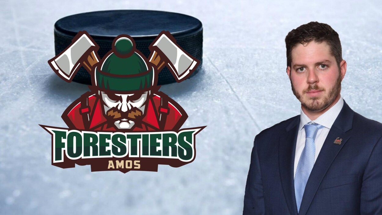 Un montage photo avec la photo d'un homme et le logo d'une équipe de hockey.