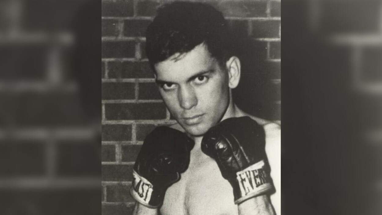 Harvey Reti torse nu et portant des gants de boxe à son menton regarde l'appareil photo.