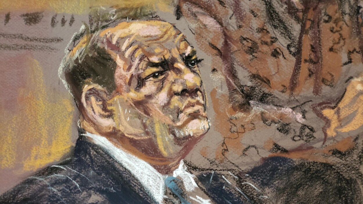 Un dessin représentant un homme en cour lors d'un procès.