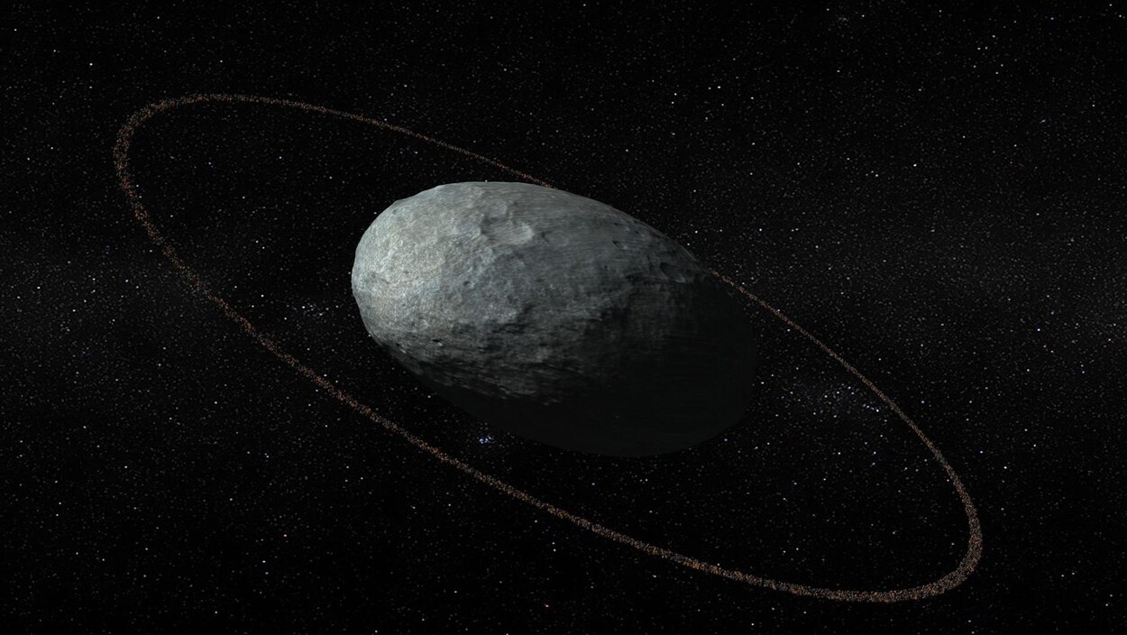 Illustration d'une des cinq planètes naines qui arbore son anneau au plus profond du système solaire. Illustration d'une des cinq planètes naines qui arbore son anneau au plus profond du système solaire.
