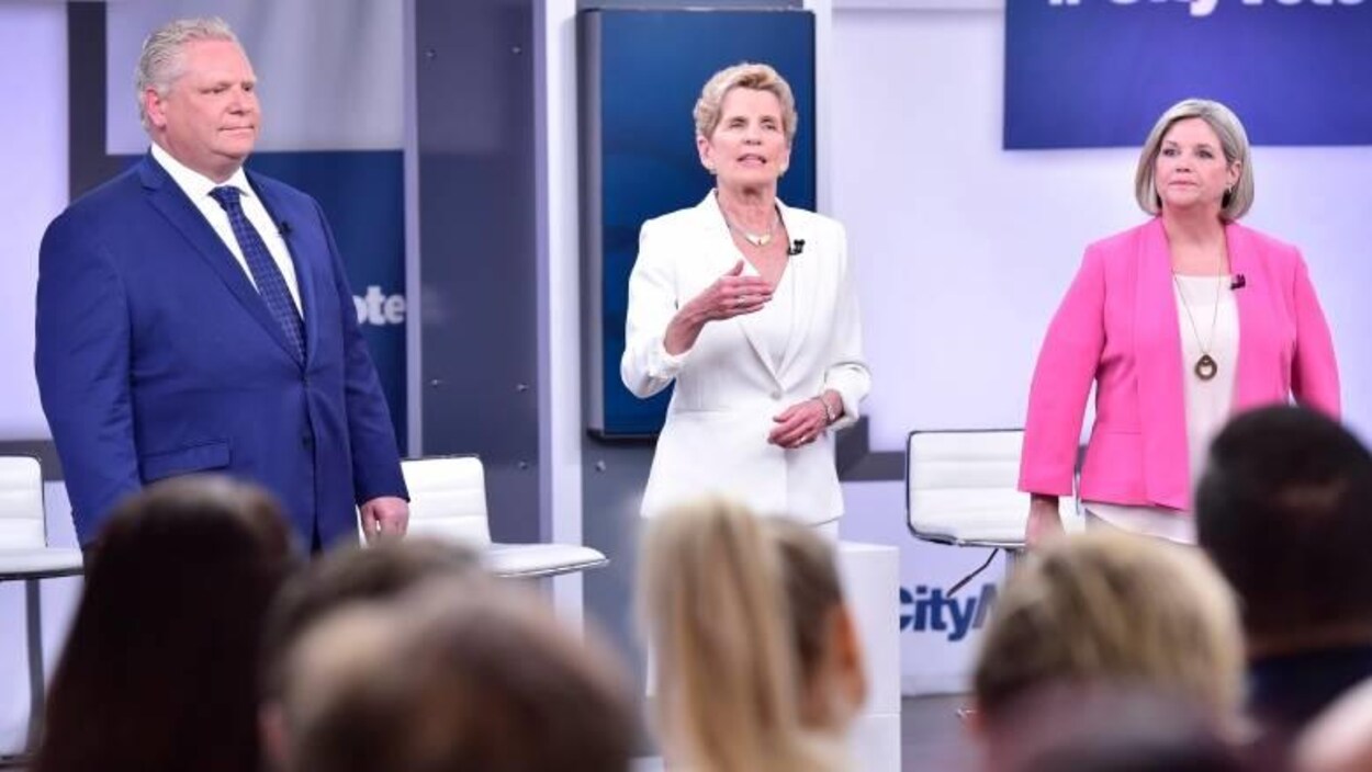 Doug Ford, Kathleen Wynne et Andrea Horwath se sont affrontés lors du premier débat télévisé le 7 mai. Doug Ford, Kathleen Wynne et Andrea Horwath se sont affrontés lors du premier débat télévisé le 7 mai.