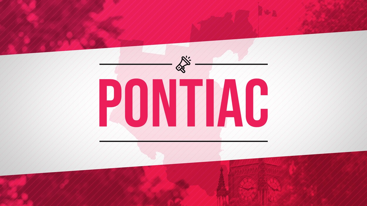 Photomontage sur lequel il est écrit « Pontiac » avec en arrière-plan la Tour de la paix et une image des limites de la circonscriptions de Pontiac.
