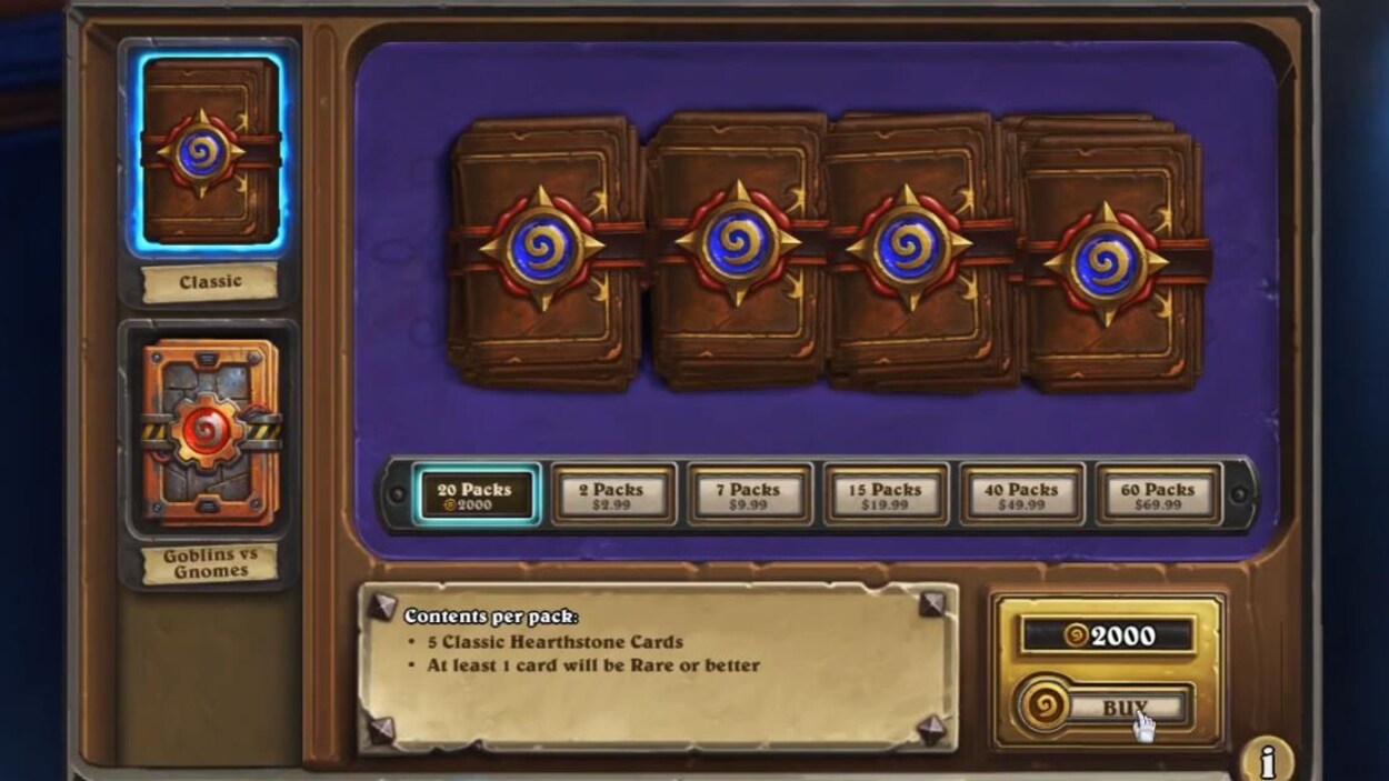 Une capture d'écran montrant la boutique en ligne du jeu Hearthstone avec une pile de livrets contenant des récompenses aléatoires. Une capture d'écran montrant la boutique en ligne du jeu Hearthstone avec une pile de livrets contenant des récompenses aléatoires.