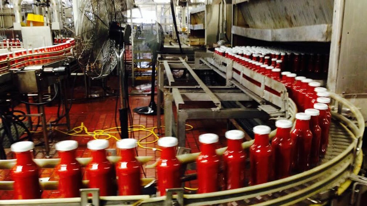 Des bouteilles de ketchup sur une usine