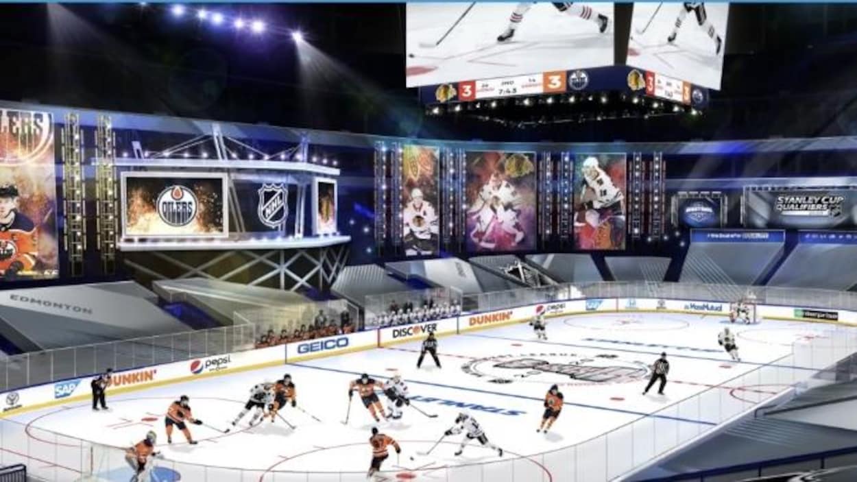 Des hockeyeurs sur la patinoire et personne dans les gradins.