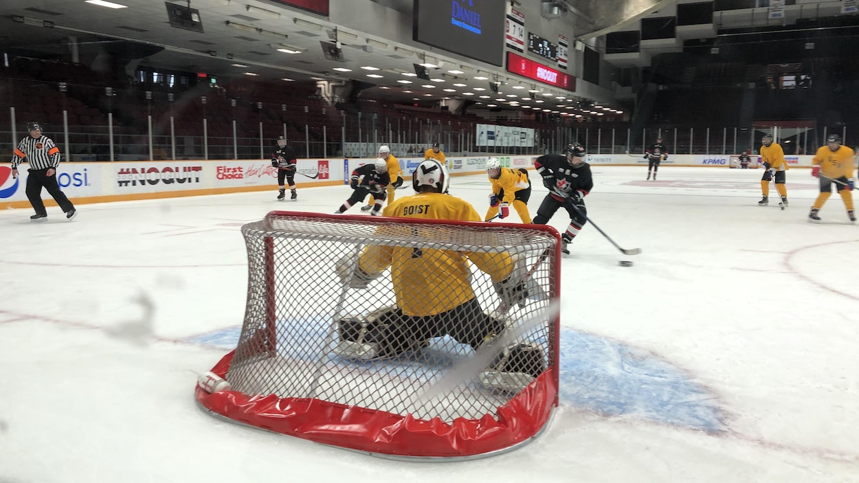 Des joueurs de hockey sonore sur la glace pendant un match