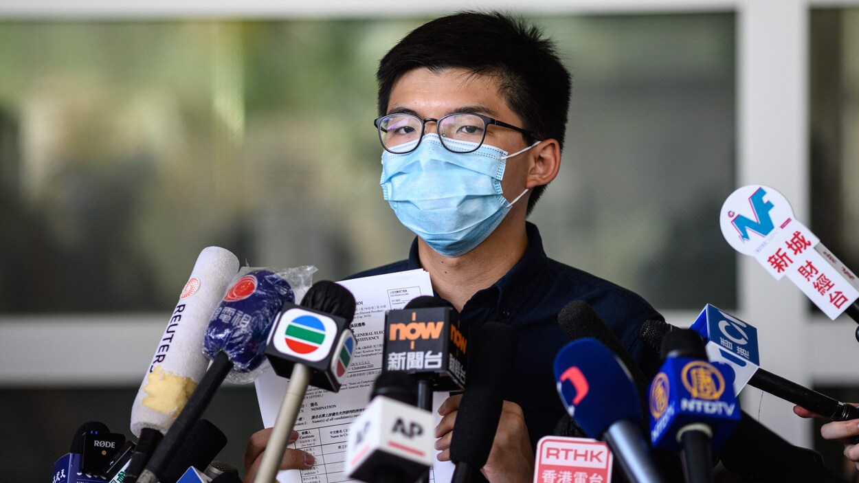 Joshua Wong lors d’un point de presse le 20 juillet dernier annonçant son intention de se présenter aux élections du Conseil législatif.