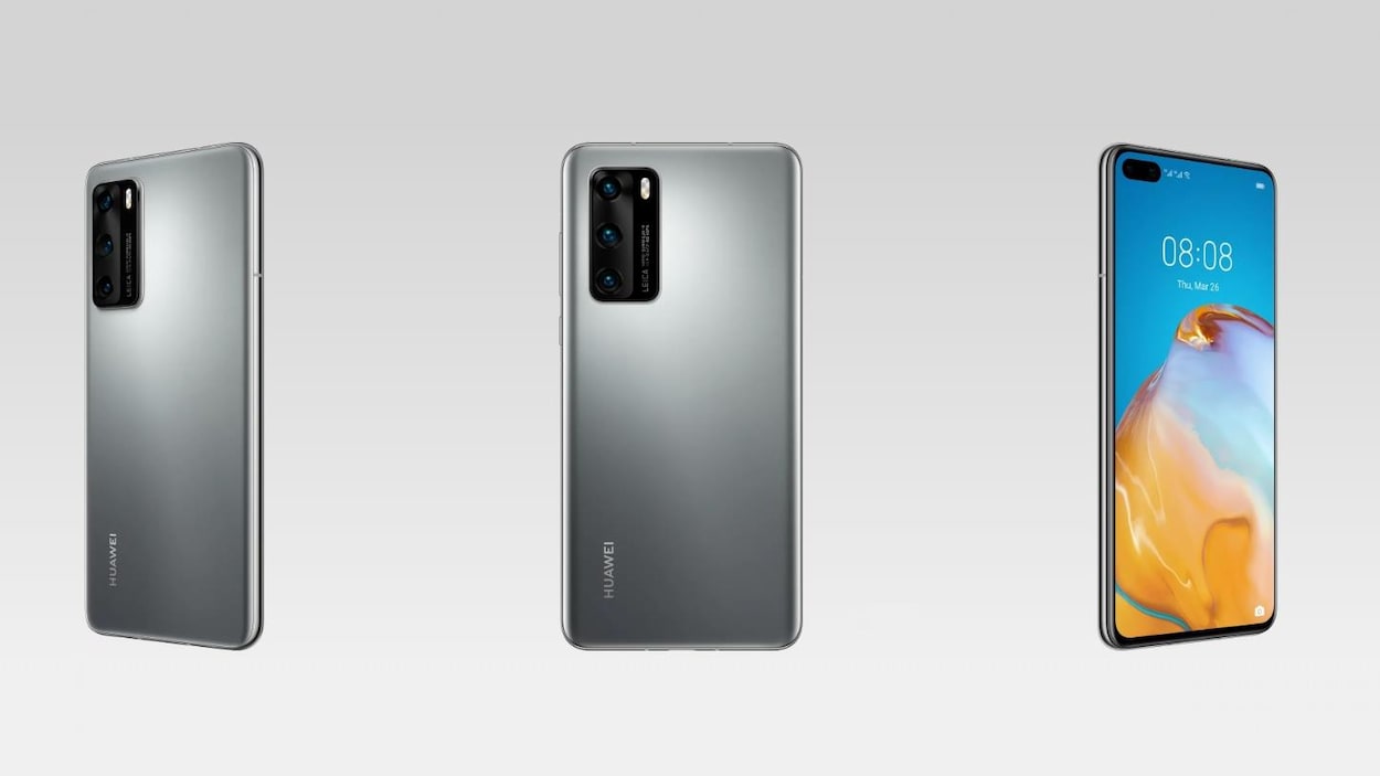Le téléphone Huawei P40, vu de dos et de face. Il s'agit d'un téléphone intelligent avec un gros module de caméras rectangulaire, comme le Samsung Galaxy S20 Ultra.