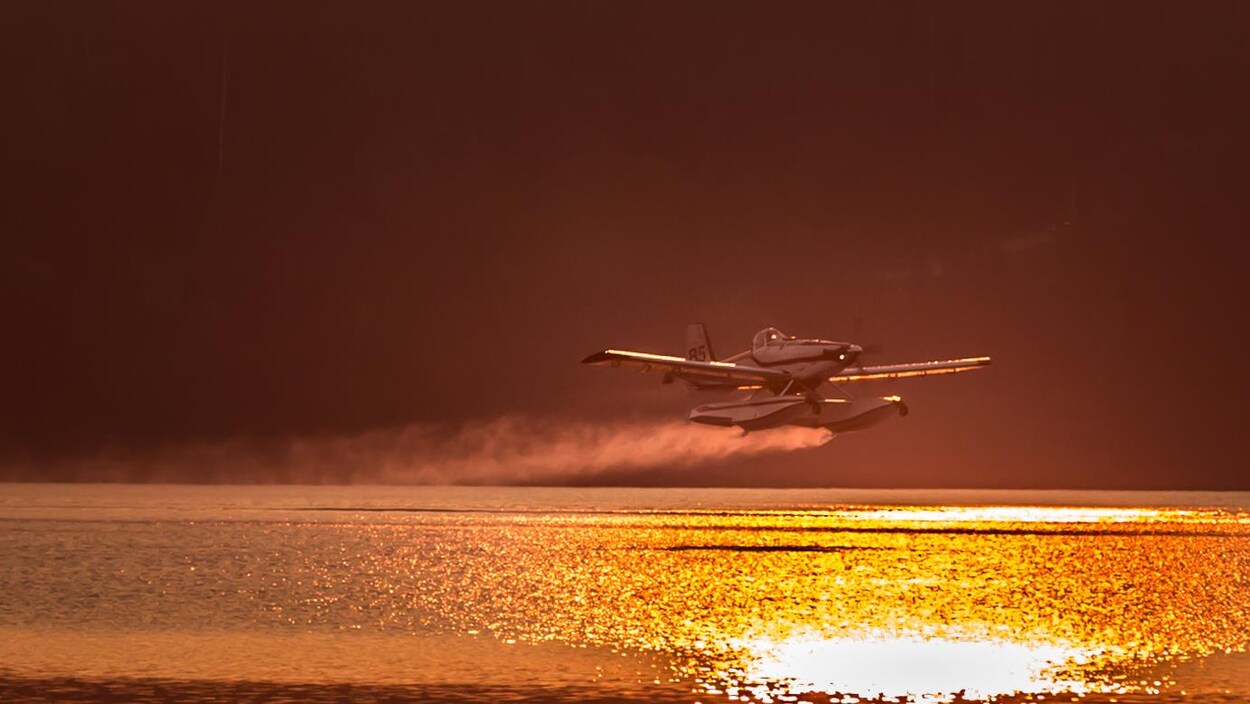 Un hydravion au-dessus d'un plan d'eau sur lequel le soleil se reflète.