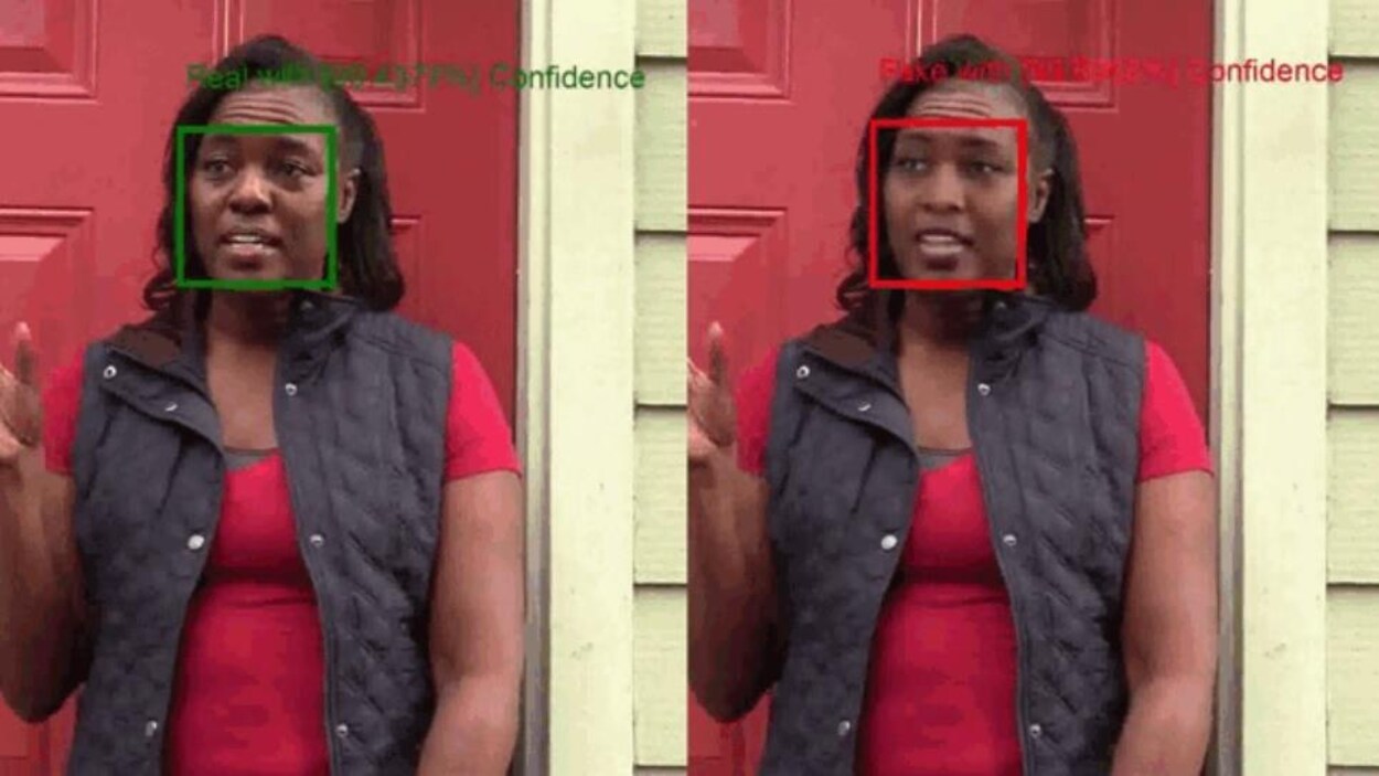 Deux images identiques, côte-à-côte, à l'exception du visage de la personne sur la photo. Les visages sont entourés d'un carré rouge et d'un carré vert.