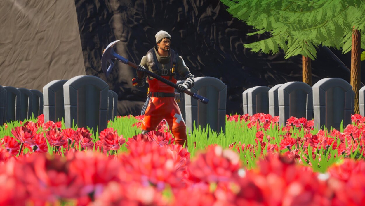 Un champ de coquelicots, des tombeaux et un personnage dans Fortnite.